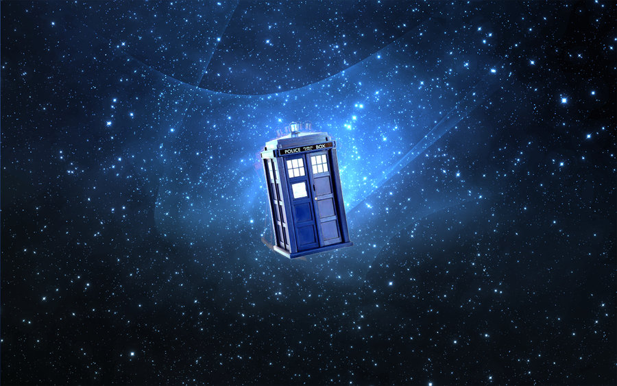 Ilustrație grafică a TARDIS (Time and Relative Dimensions in Space) care călătorește prin spațiu, înconjurat de stele.